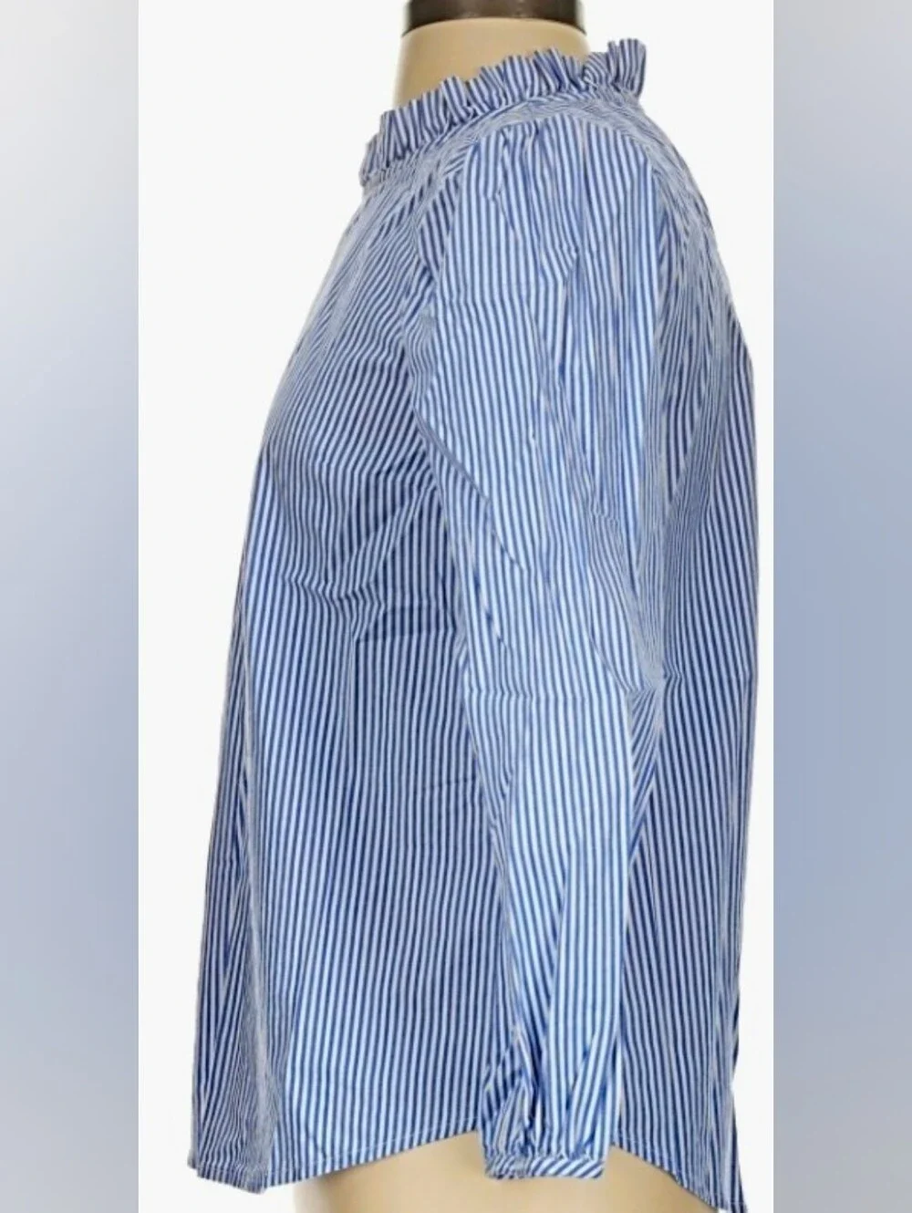J. CREW 🦚 Pin Stripe Cotton Ruffle Neck Blouse 🦚 Sz XS ⚜️ LN/EUC
